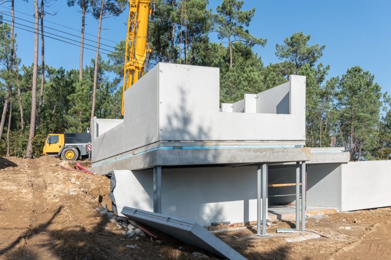 Construction site of an new built house with precast concrete walls. Galicia, Spain